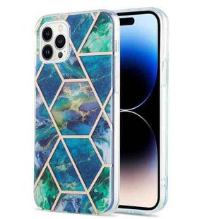 For iPhone 14 Pro Max Electroplating Splicing Marble Flower Pattern Dual-side IMD TPU Shockproof Phone Case (Blue Green)