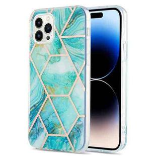 For iPhone 14 Pro Max Electroplating Splicing Marble Flower Pattern Dual-side IMD TPU Shockproof Phone Case (Blue)