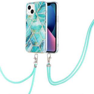 For iPhone 14 Electroplating Splicing Marble Pattern Dual-side IMD TPU Shockproof Case with Neck Lanyard (Blue)