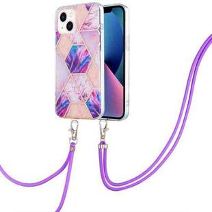 For iPhone 14 Electroplating Splicing Marble Pattern Dual-side IMD TPU Shockproof Case with Neck Lanyard (Light Purple)