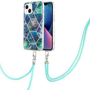 For iPhone 14 Plus Electroplating Splicing Marble Pattern Dual-side IMD TPU Shockproof Case with Neck Lanyard (Blue Green)