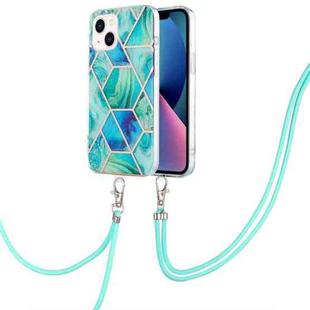 For iPhone 14 Plus Electroplating Splicing Marble Pattern Dual-side IMD TPU Shockproof Case with Neck Lanyard (Green)
