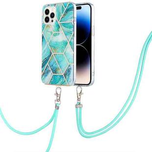 For iPhone 14 Pro Electroplating Splicing Marble Pattern Dual-side IMD TPU Shockproof Case with Neck Lanyard(Blue)