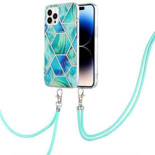 For iPhone 14 Pro Electroplating Splicing Marble Pattern Dual-side IMD TPU Shockproof Case with Neck Lanyard(Green)