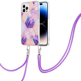 For iPhone 14 Pro Electroplating Splicing Marble Pattern Dual-side IMD TPU Shockproof Case with Neck Lanyard(Light Purple)