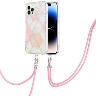 For iPhone 14 Pro Max Electroplating Splicing Marble Pattern Dual-side IMD TPU Shockproof Case with Neck Lanyard (Pink White)