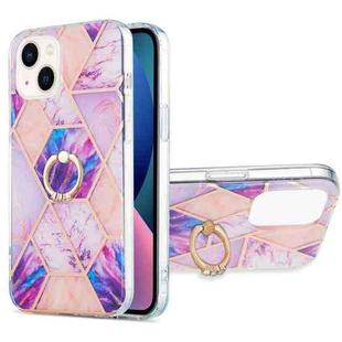 For iPhone 14 Electroplating Splicing Marble Pattern Dual-side IMD TPU Shockproof Case with Ring Holder (Light Purple)