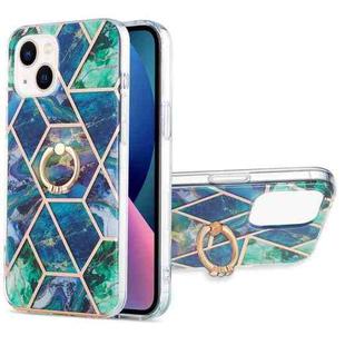 For iPhone 14 Plus Electroplating Splicing Marble Pattern Dual-side IMD TPU Shockproof Case with Ring Holder (Blue Green)