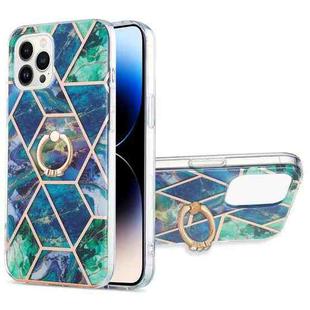 For iPhone 14 Pro Electroplating Splicing Marble Pattern Dual-side IMD TPU Shockproof Case with Ring Holder(Blue Green)