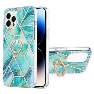 For iPhone 14 Pro Electroplating Splicing Marble Pattern Dual-side IMD TPU Shockproof Case with Ring Holder(Blue)