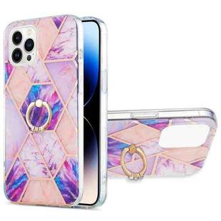 For iPhone 14 Pro Max Electroplating Splicing Marble Pattern Dual-side IMD TPU Shockproof Case with Ring Holder (Light Purple)