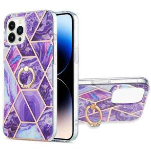 For iPhone 14 Pro Max Electroplating Splicing Marble Pattern Dual-side IMD TPU Shockproof Case with Ring Holder (Dark Purple)