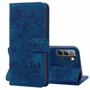 For Samsung Galaxy S22+ 5G Cartoon Sakura Cat Embossed Leather Phone Case(Royal Blue)