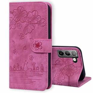 For Samsung Galaxy S22+ 5G Cartoon Sakura Cat Embossed Leather Phone Case(Rose Red)