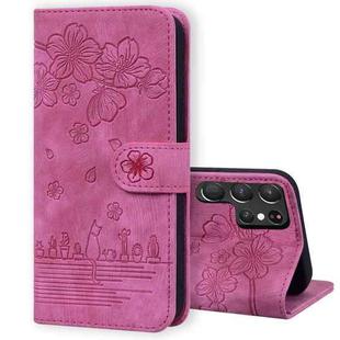 For Samsung Galaxy S22 Ultra 5G Cartoon Sakura Cat Embossed Leather Phone Case(Rose Red)