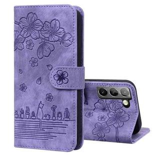 For Samsung Galaxy S21+ 5G Cartoon Sakura Cat Embossed Leather Phone Case(Purple)