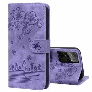 For Samsung Galaxy S21 Ultra 5G Cartoon Sakura Cat Embossed Leather Phone Case(Purple)