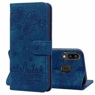 For Samsung Galaxy A20 / A30 Cartoon Sakura Cat Embossed Leather Phone Case(Royal Blue)