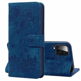 For Samsung Galaxy A22 4G Cartoon Sakura Cat Embossed Leather Phone Case(Royal Blue)