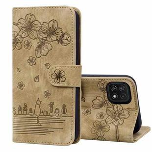 For Samsung Galaxy A22 5G / A22s 5G Cartoon Sakura Cat Embossed Leather Phone Case(Brown)