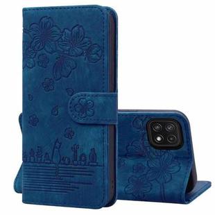 For Samsung Galaxy A22 5G / A22s 5G Cartoon Sakura Cat Embossed Leather Phone Case(Royal Blue)