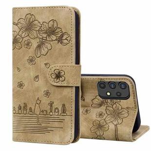 For Samsung Galaxy A32 5G Cartoon Sakura Cat Embossed Leather Phone Case(Brown)