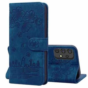 For Samsung Galaxy A32 5G Cartoon Sakura Cat Embossed Leather Phone Case(Royal Blue)
