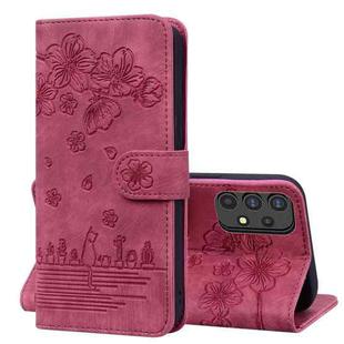 For Samsung Galaxy A32 5G Cartoon Sakura Cat Embossed Leather Phone Case(Wine Red)