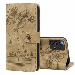 For Samsung Galaxy A33 5G Cartoon Sakura Cat Embossed Leather Phone Case(Brown)