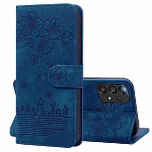 For Samsung Galaxy A33 5G Cartoon Sakura Cat Embossed Leather Phone Case(Royal Blue)