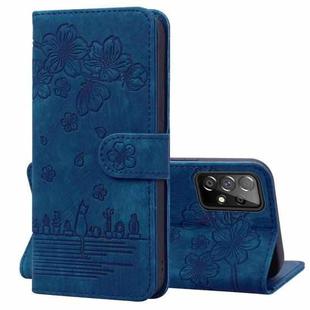 For Samsung Galaxy A53 5G Cartoon Sakura Cat Embossed Leather Phone Case(Royal Blue)