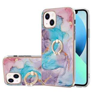 For iPhone 14 Plus Electroplating Pattern IMD TPU Shockproof Case with Rhinestone Ring Holder (Milky Way Blue Marble)