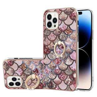 For iPhone 14 Pro Electroplating Pattern IMD TPU Shockproof Case with Rhinestone Ring Holder(Pink Scales)