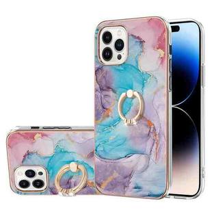 For iPhone 14 Pro Electroplating Pattern IMD TPU Shockproof Case with Rhinestone Ring Holder(Milky Way Blue Marble)