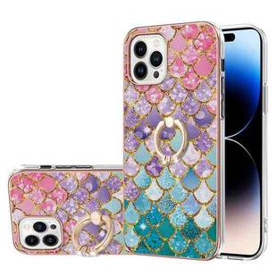 For iPhone 14 Pro Max Electroplating Pattern IMD TPU Shockproof Case with Rhinestone Ring Holder (Colorful Scales)