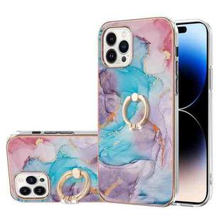 For iPhone 14 Pro Max Electroplating Pattern IMD TPU Shockproof Case with Rhinestone Ring Holder (Milky Way Blue Marble)