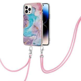 For iPhone 14 Pro Electroplating Pattern IMD TPU Shockproof Case with Neck Lanyard(Milky Way Blue Marble)