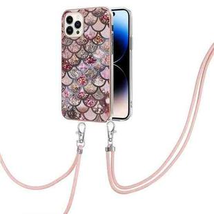 For iPhone 14 Pro Max Electroplating Pattern IMD TPU Shockproof Case with Neck Lanyard (Pink Scales)