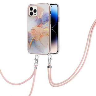 For iPhone 14 Pro Max Electroplating Pattern IMD TPU Shockproof Case with Neck Lanyard (Milky Way White Marble)