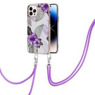 For iPhone 14 Pro Max Electroplating Pattern IMD TPU Shockproof Case with Neck Lanyard (Purple Flower)