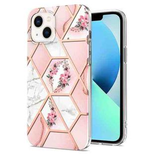 For iPhone 14 Plus Electroplating Splicing Marble Flower Pattern TPU Shockproof Case (Pink Flower)