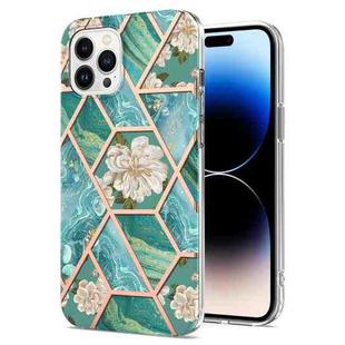 For iPhone 14 Pro Max Electroplating Splicing Marble Flower Pattern TPU Shockproof Case (Blue Flower)