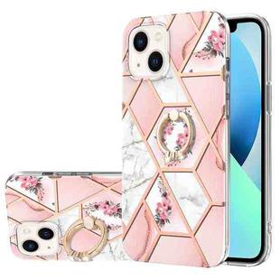 For iPhone 14 Plus Electroplating Splicing Marble Flower Pattern TPU Shockproof Case with Rhinestone Ring Holder (Pink Flower)