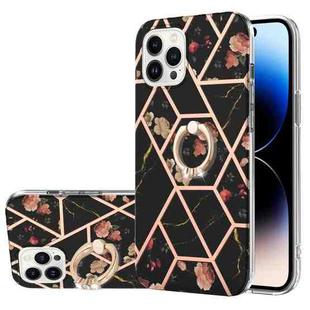 For iPhone 14 Pro Electroplating Splicing Marble Flower Pattern TPU Shockproof Case with Rhinestone Ring Holder(Black Flower)