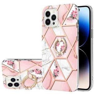 For iPhone 14 Pro Max Electroplating Splicing Marble Flower Pattern TPU Shockproof Case with Rhinestone Ring Holder (Pink Flower)