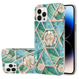 For iPhone 14 Pro Max Electroplating Splicing Marble Flower Pattern TPU Shockproof Case with Rhinestone Ring Holder (Blue Flower)