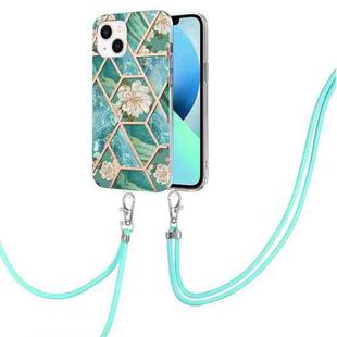 For iPhone 14 Electroplating Splicing Marble Flower Pattern TPU Shockproof Case with Lanyard (Blue Flower)