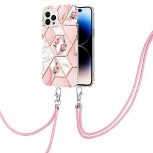 For iPhone 14 Pro Electroplating Splicing Marble Flower Pattern TPU Shockproof Case with Lanyard(Pink Flower)