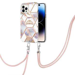 For iPhone 14 Pro Electroplating Splicing Marble Flower Pattern TPU Shockproof Case with Lanyard(Imperial Crown)