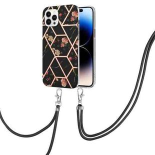 For iPhone 14 Pro Max Electroplating Splicing Marble Flower Pattern TPU Shockproof Case with Lanyard (Black Flower)